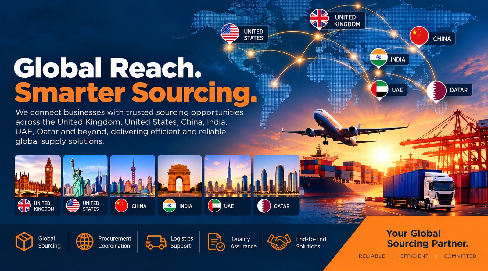 Global sourcing and procurement network for the United Kingdom, United States, China, India, United Arab Emirates and Qatar, with country flags, a world map, aircraft, cargo ship, containers and road freight.